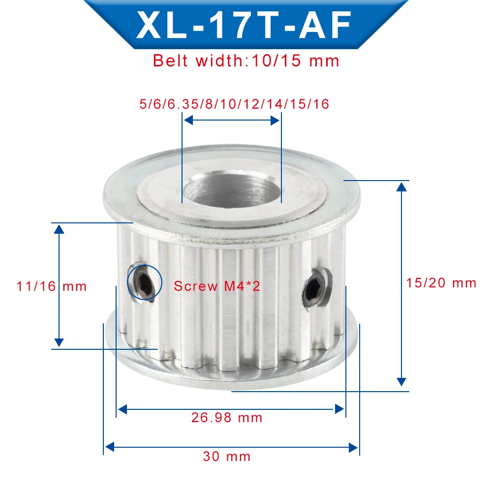 Pulley Wheel XL 17T Trapezoidal Tooth AF Shape Alloy Pulley Inner Bore 5/6/6.35/7/810/12/14/15/16 mm Fit For Belt Width 10/15 mm