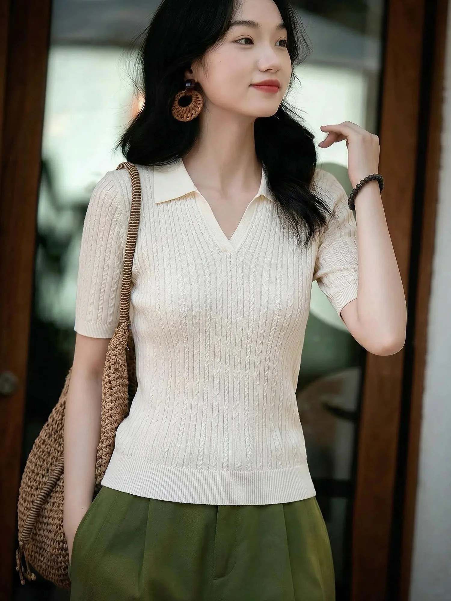 

Chivirin Silk V-neck Knitwear Women's Short-sleeved Slim-fit Versatile Summer Top Elegant Casual Midweight Color