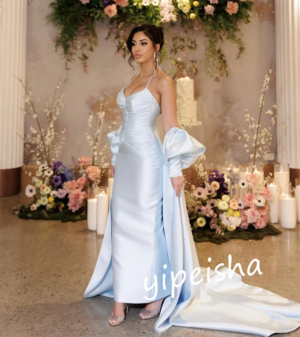 Customized  Satin Draped Button Engagement A-line Halter Bespoke Occasion Gown Long es  Dresses