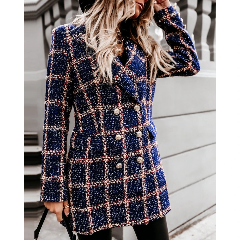 Women Plaid Tweed Double Breasted Nothched Collar Coats Femme Elegant Autumn Winter Outwear Clothing