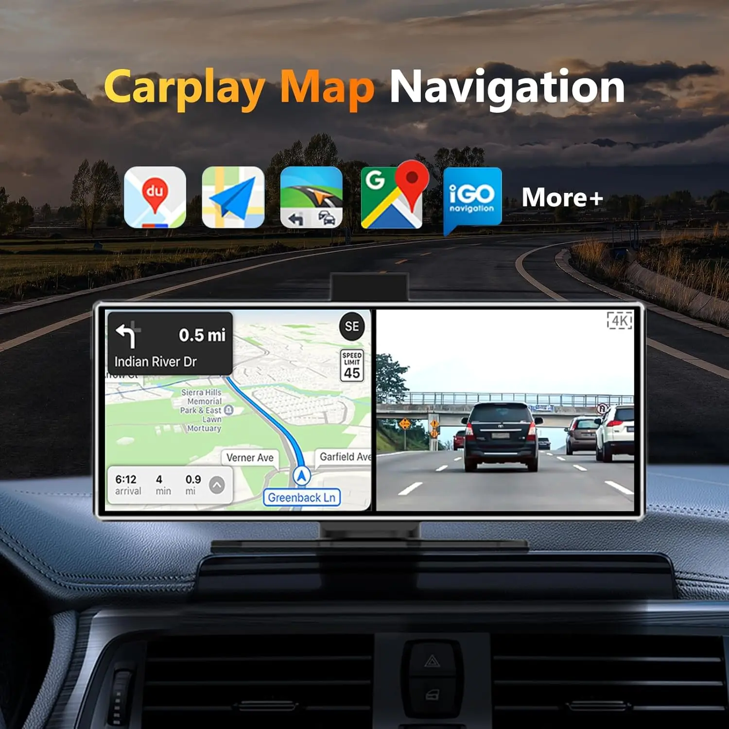 Jansite 11,26-calowy bezprzewodowy CarPlay i Android Auto 4K Kamera samochodowa DVR Bluetooth Audio AUX GPS Nawigacja Deska rozdzielcza Rejestrator wideo