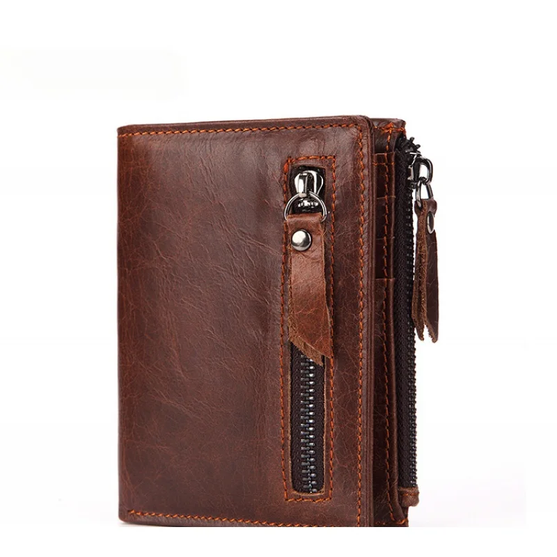 GENODERN Genuine Leather Men's Short Wallet Multi-Functional Zipper Bag Oil Wax Cowhide Wallet