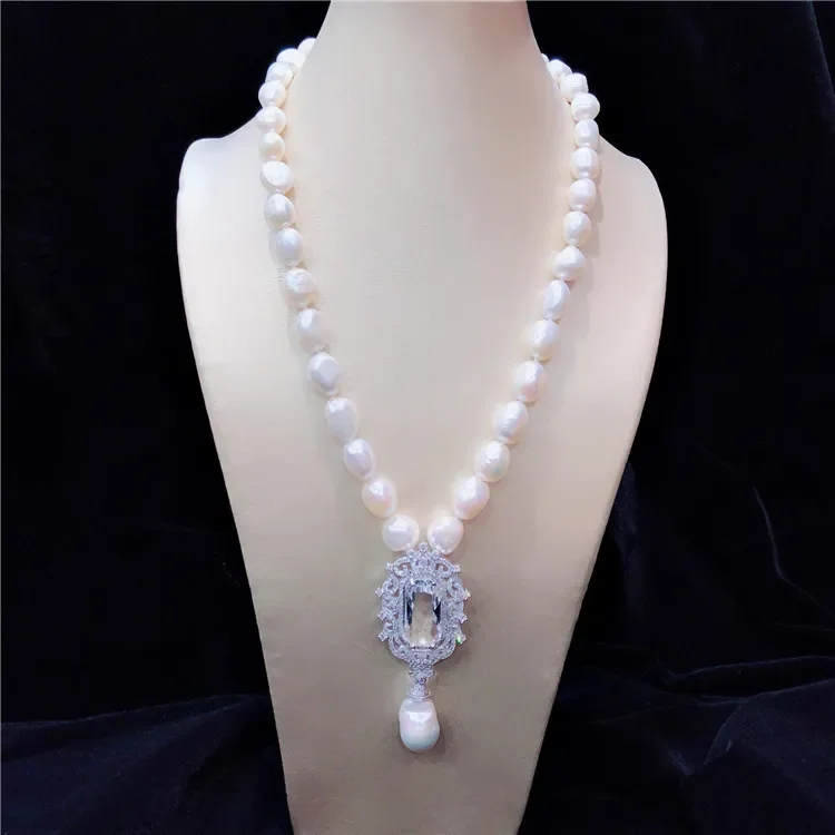 

Hand knotted 10-11mm baroque white freshwater cultured pearl micro inlay zircon accessories pendant sweater necklace long 48cm