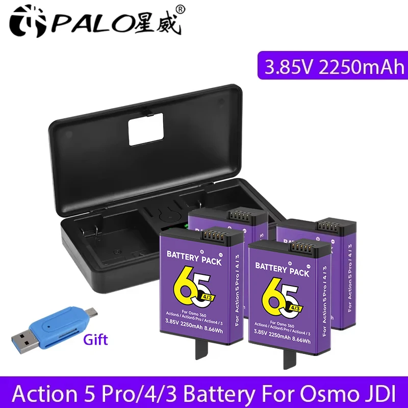 2250mAh Akku für DJI Osmo 360 Action 5 Pro Action 6 Action 4/3 Digitalkamera-Akku mit LCD-Anzeige Schnelles Typ-C-Ladegerät