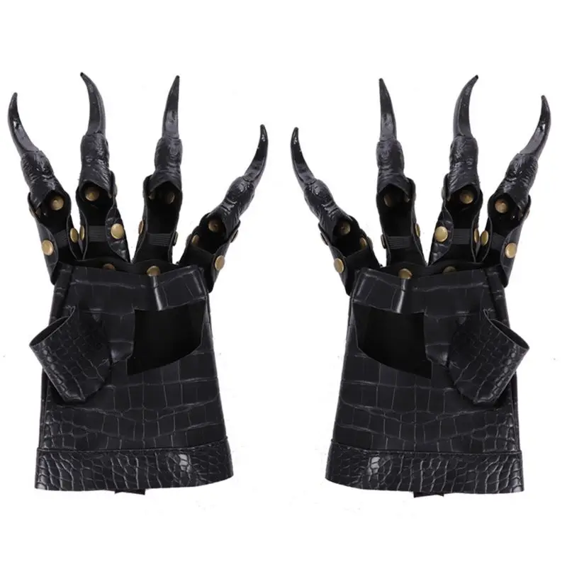 Unisex Gothic Punk Halloween Dragon Claw Gloves Metal Studded Long Finger Nail Faux Leather Mittens Cosplay Costume