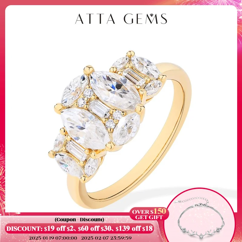 ATTAGEMS 2.3CTW Marquise cincin Moissanite persegi panjang untuk wanita D VVS1 925 perhiasan pernikahan pertunangan emas putih perak kualitas terbaik