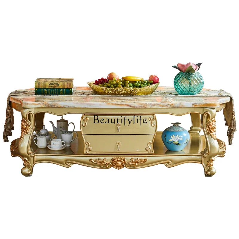 

European solid wood coffee table, American villa living room retro champagne gold marble side table