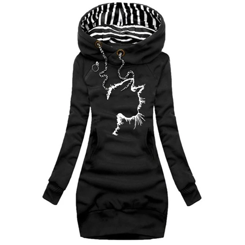 Midi Dresses 2024 Daily Spring Hot Sales Casual Cat Print Zipper At Neckline Simplicity Autumn Hooded Sports Dress New Fashion