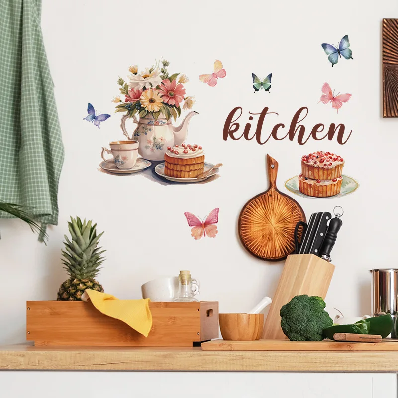 Kitchen Gourmet Flower Butterfly Wall Sticker Delicate Life Butterfly  Kitchen Wall Stickers Self-adhesive