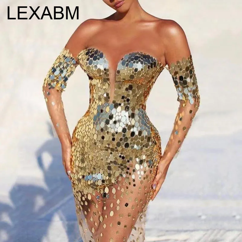 Sexy Strapless Mesh Sequins Dress Women Evening Party Gold Transparent Singer Stage Costume Bar Nightclub Wedding Ball