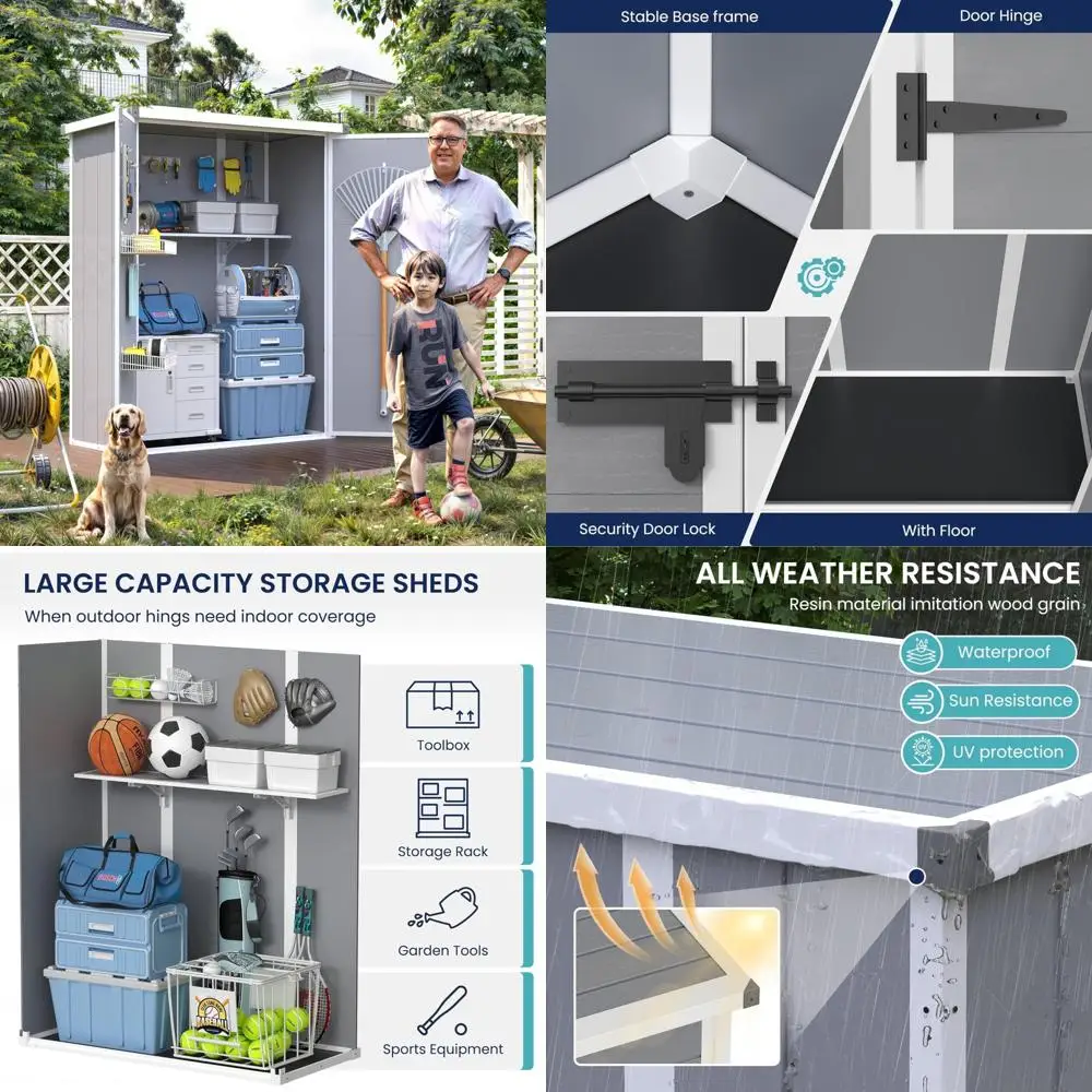 

Вертикальный навес для хранения из смолы, емкость 38 кубических футов, водонепроницаемый шкаф с запираемыми дверцами и усиленным полом для наружного использования