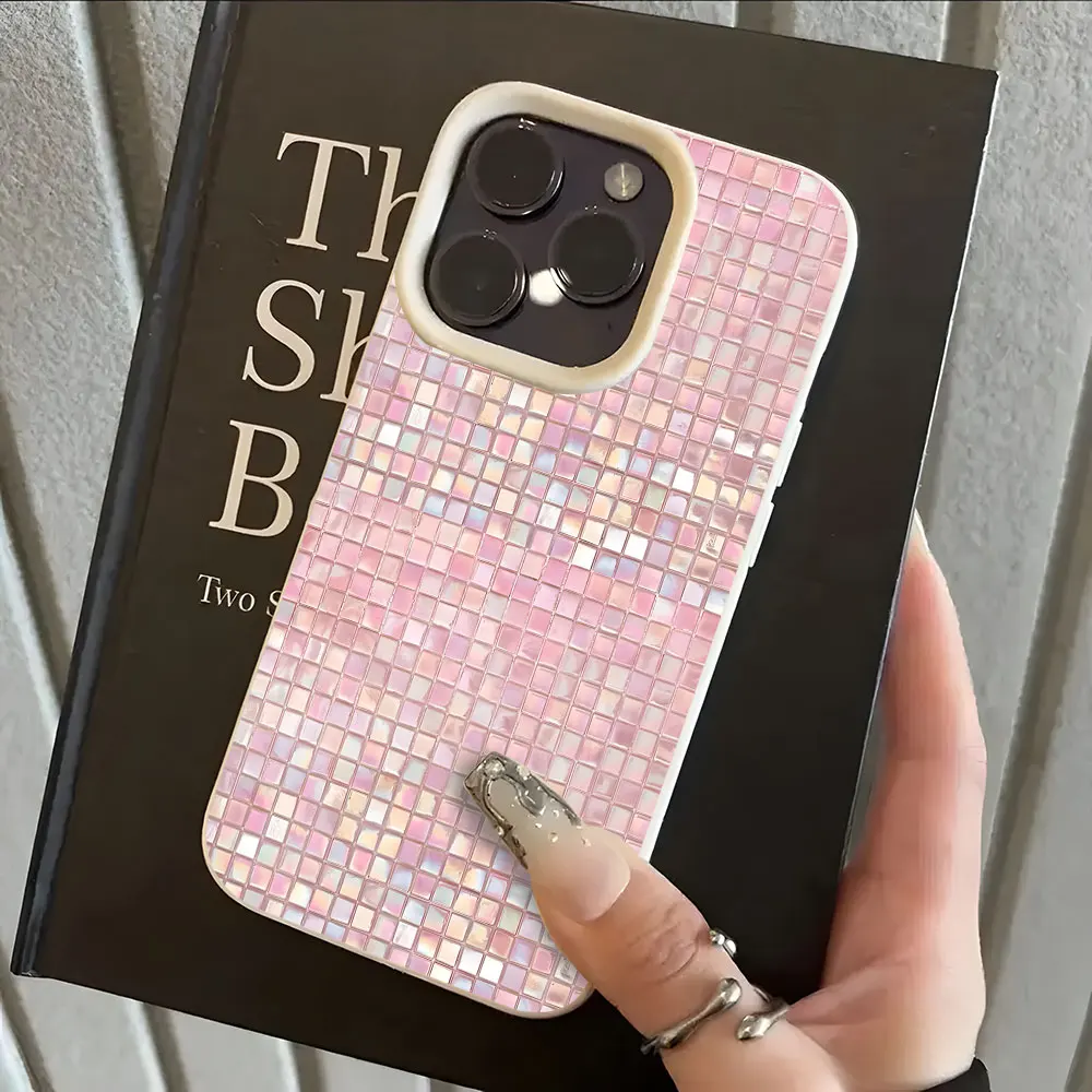 Pink Mosaic Grid Pattern Lychee Soft Phone Case For iPhone 17 Air 16 15 14 13 12 11 Pro Max 15 14 Plus X Xs XR Shockproof Cover