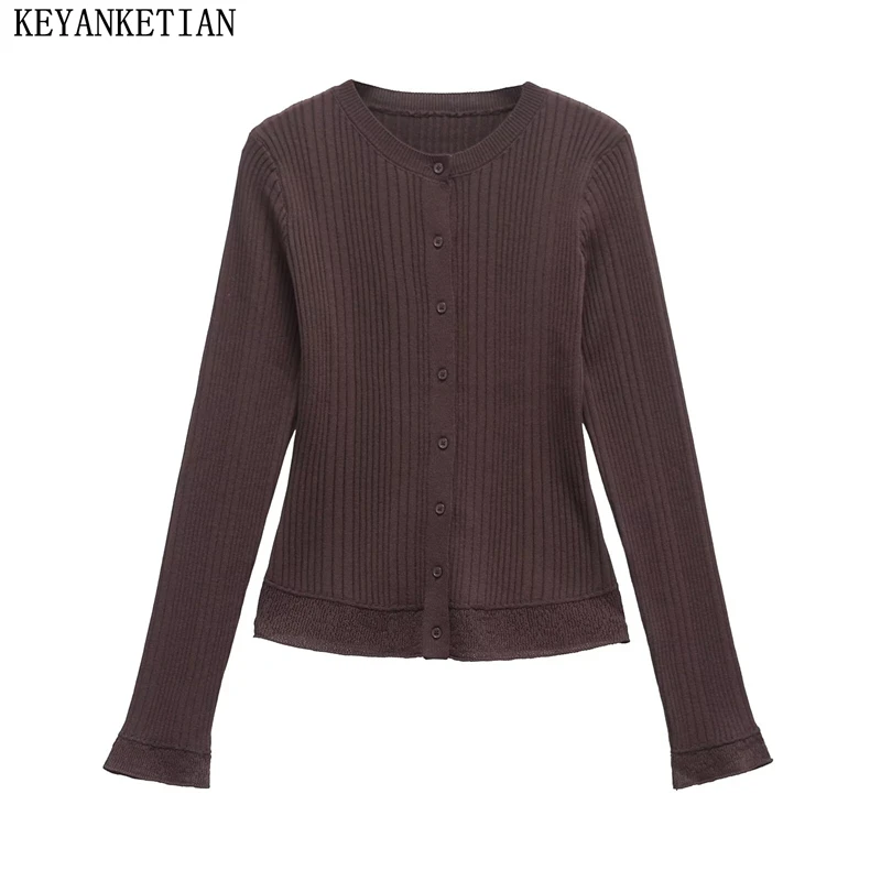 

KEYANKETIAN 2025 Spring New Women's Dark brown knit cardigan Street style Screw Thread Patchwork Single Breasted Cropped Top
