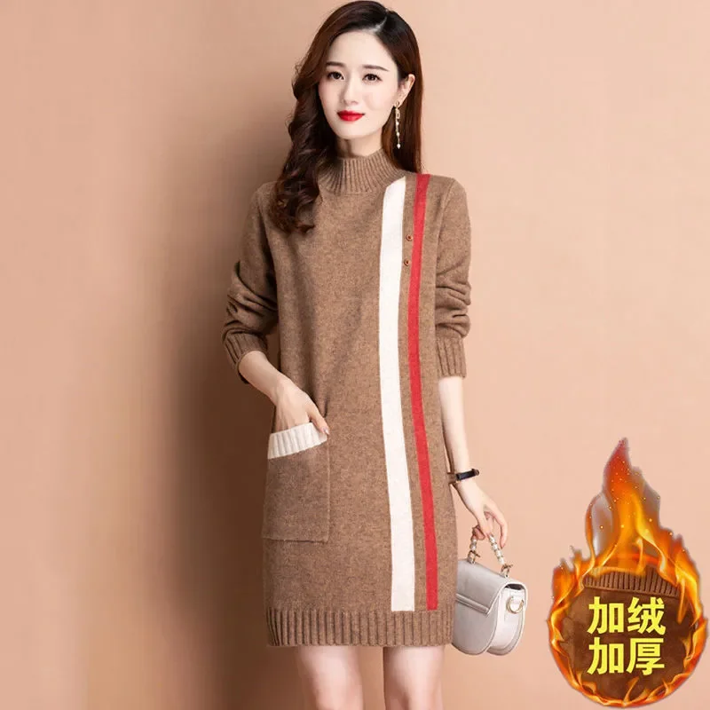 ﻿   Plus Velvet Thickened Med Long Sweater For Women New Loose 2024 Hip Hugging Knitted Base sweter Pullover Dzianinowa wełniana koszula