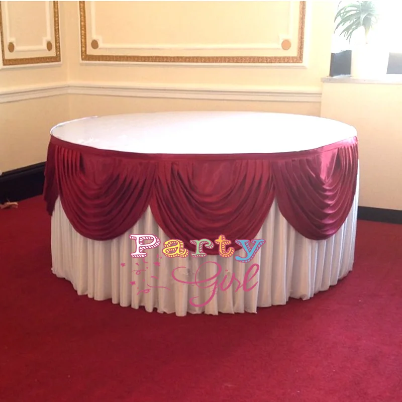 Hot Sale Round Size White Color Ice Silk Table Skirt Banquet Wedding Tablecloth Skirting Include Swag Drape Christmas Decoration