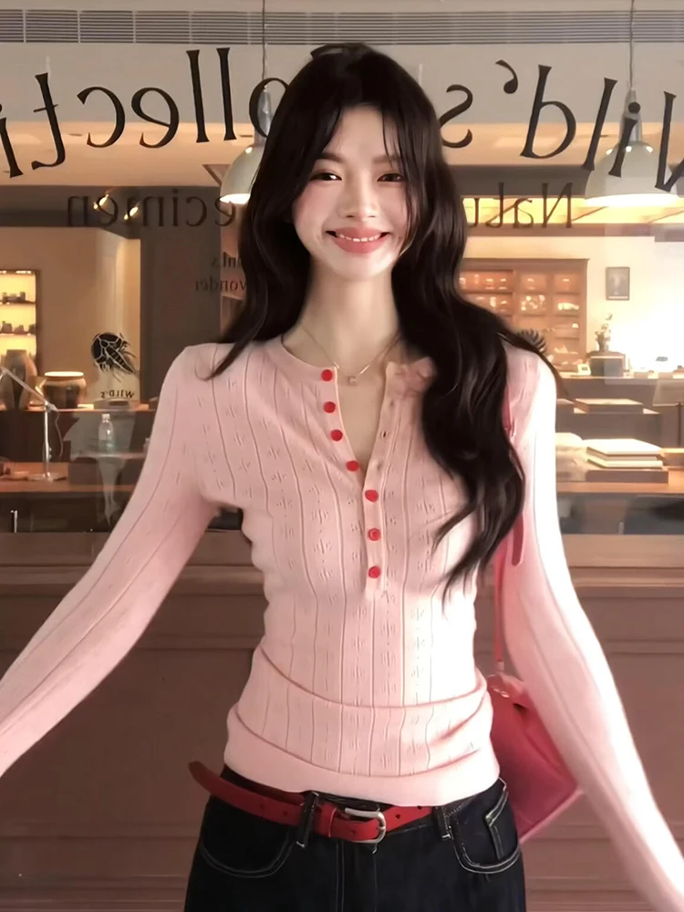 

Корейский сладкий розовый вязаный свитер V-Ne Long Sve, женский осенне-зимний облегающий базовый слой, пикантный топ для девочек