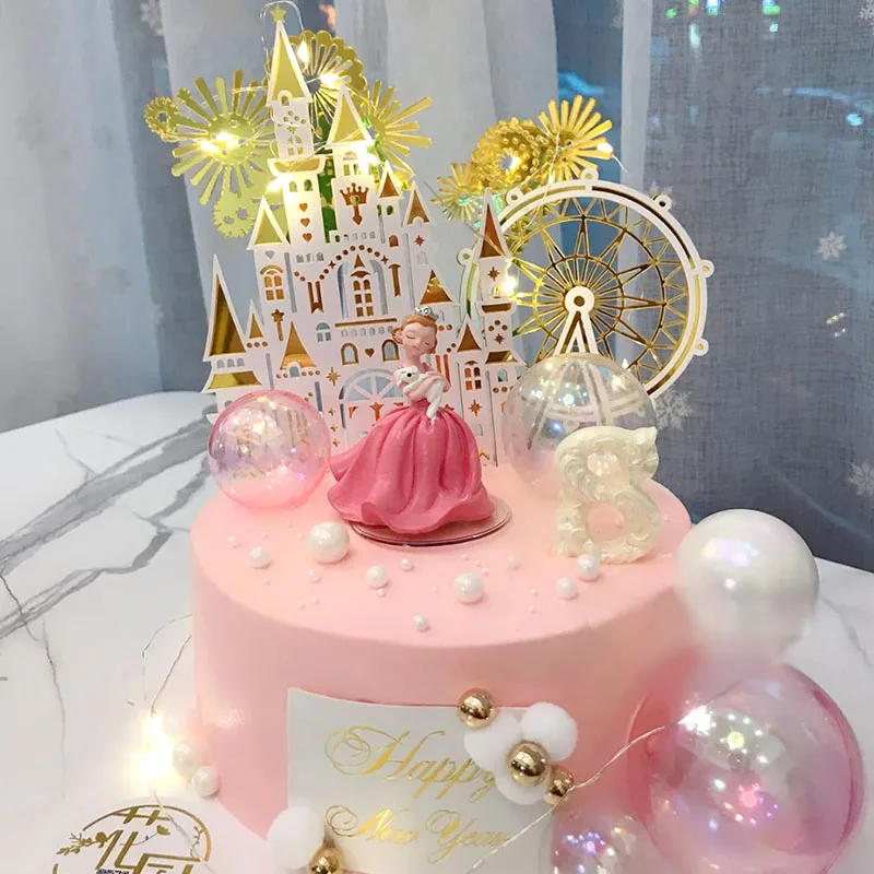 Ruota panoramica dorata Castello Ragazza Principessa Torta di compleanno Topper Decorazioni di nozze Festa di compleanno Baby Shower Regalo di cottura Accessorio per torta