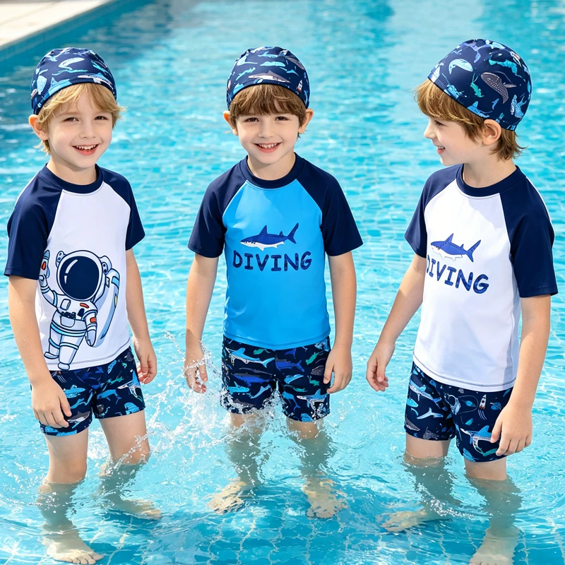 Trajes de Banho para Crianças, Conjunto de Roupa de Praia para Meninos, Moda de Praia com Estampa de Desenhos Animados para Idades de 4 a 13 Anos