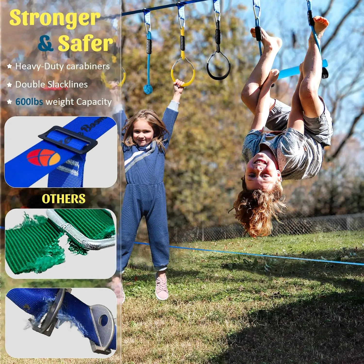 Obstacle Course for Kids, 2×56ft Slackline Kit with 8 Ninja Accessories - Monkey Bar, Rope Ladder, Gymnastic Ring, Arm Trainer a