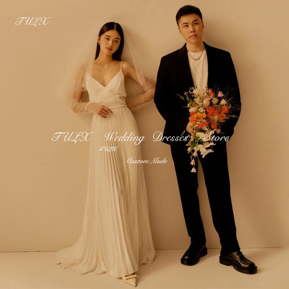 

TULX Elegant V Neck Strap Korea Wedding Photo Dress Pearl Sleeve A line Crinkles Bridal Gowns Floor Length 웨딩드레스 Customized 2025