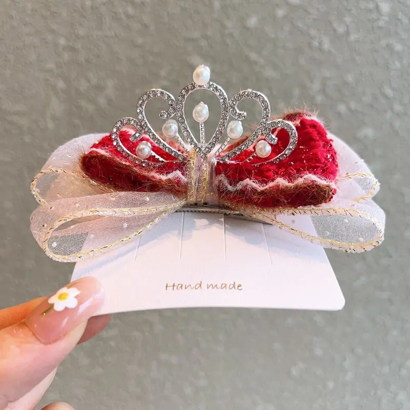 Hair Clip Girls Lovely Organza Bow Hairpins Kids Barrettes Zircon Crown Hair Ornaments Children Princess Hair Accessories