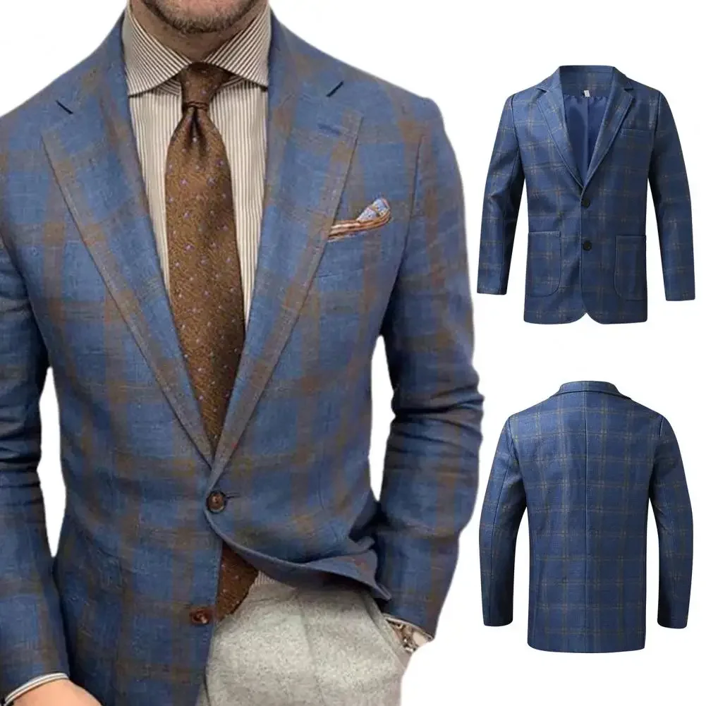 Men Jacket Plaid Print Men's Suit Coat Formal Lapel Double Buttons Patch Pockets for Business Weddings Groomsmen