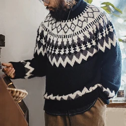 Maden Vintage Heavyweight Fair Isle Icelandic Sweater Round Neck Jacquard Bottom Knitwear Thickened Warm Pullovers for Christmas