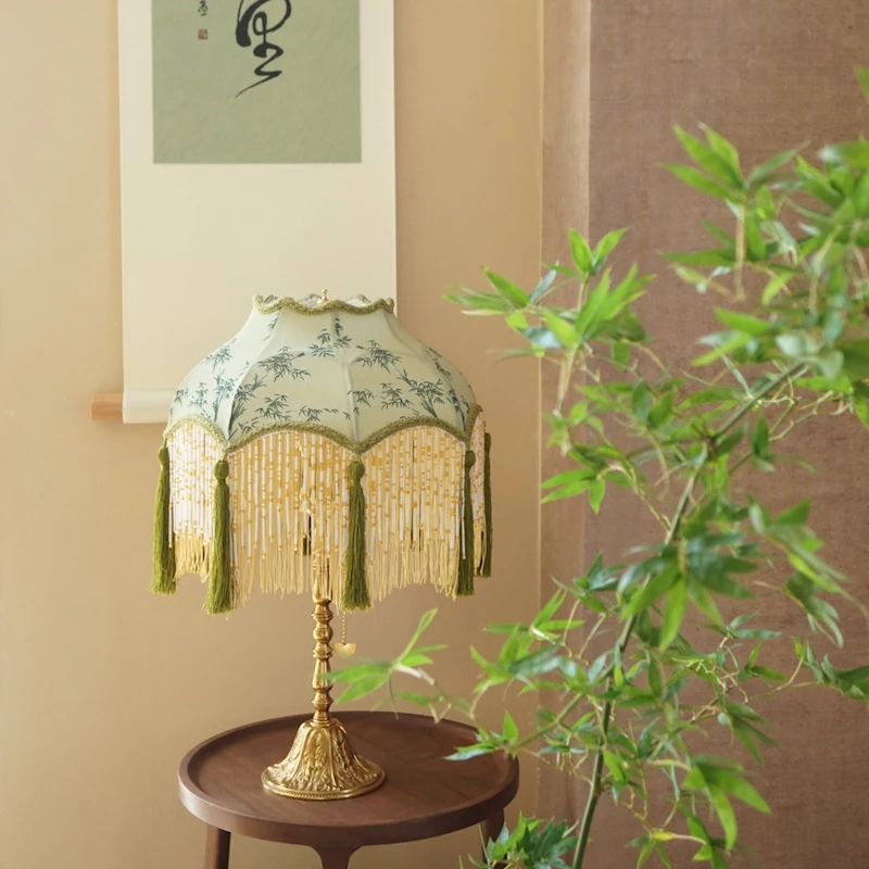 Chinese Bamboo Lampshade With Tassels Luxury Retro Green Plants Jacquard Exquisite Lamp Cover For Table Light Warm Art Home Deco