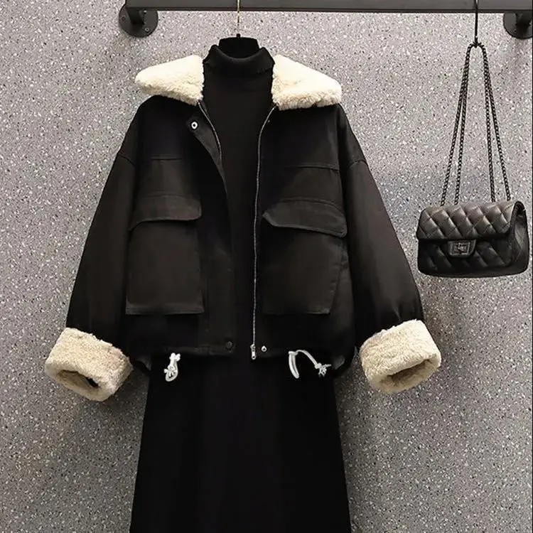 2022 Winter New Lamb Lapel Plush Thickened Jacket Knitted Sweater Dress Two Piece Elegant Women Party Dress Set Fashion Clothing