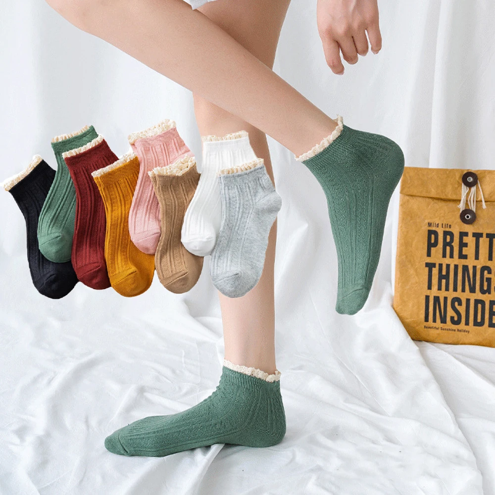 

Fashion Funny Cute Short Girls Solid Candy Color Ruffles Women Socks Lace Socks Hosiery Cotton Socks