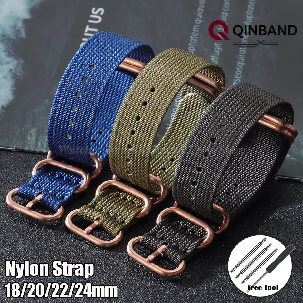 Quality Ribbed Watch Band Rose Gold Ring Buckle Nylon Striped Strap for Omega Military Weave Sport Bracelet 18mm 20mm 22mm 24mm
