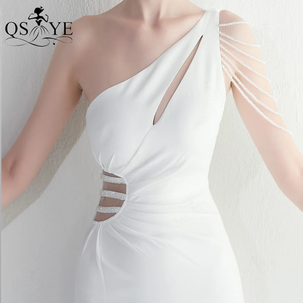 Vestido de novia fruncido de cintura elástica con cuentas de un hombro, vestido de novia blanco Simple, vestido de novia dividido Sexy, nuevo