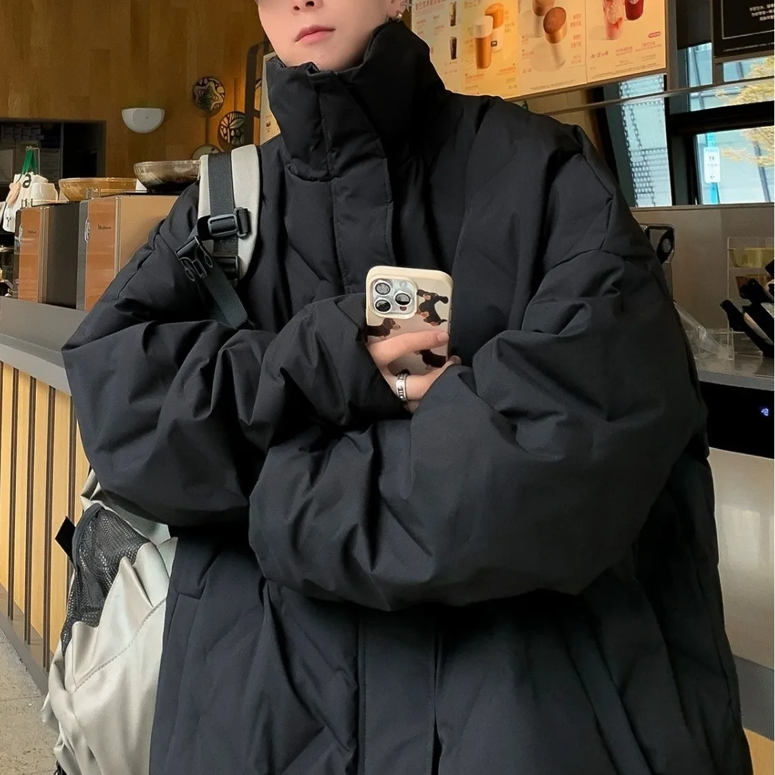 

Autumn Winter Men's Loose Fit Pure Color Cotton Jaet Bread Sle Coat Stand Collar Trendy Casual Outerwear for Teens