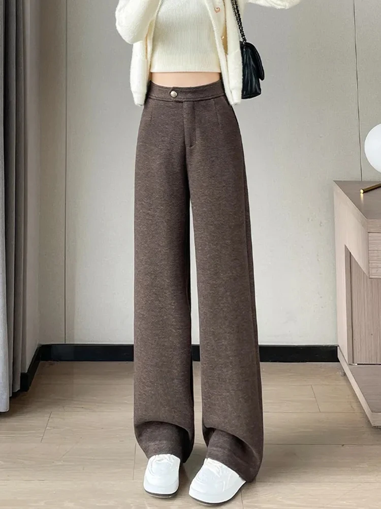 Outono falso lã calças de perna larga feminina y2k cintura alta solta casual calças de perna larga coreano inverno quente streetwear calças retas