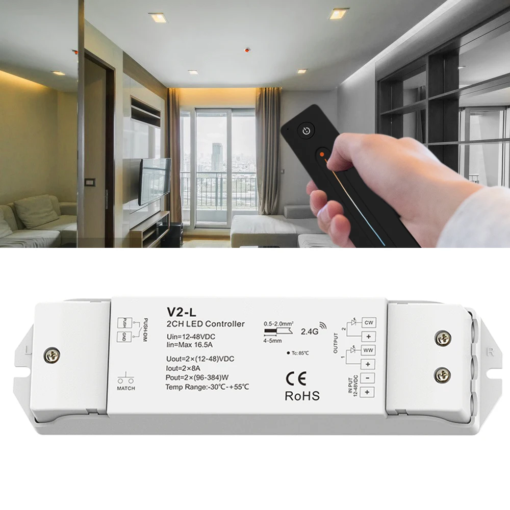 

12V-48V CCT Strip Controller RF 2.4G Dual Dimmer V2-L 2CH*8A Push Dim Wireless Remote Control for Dual Color LED Strip