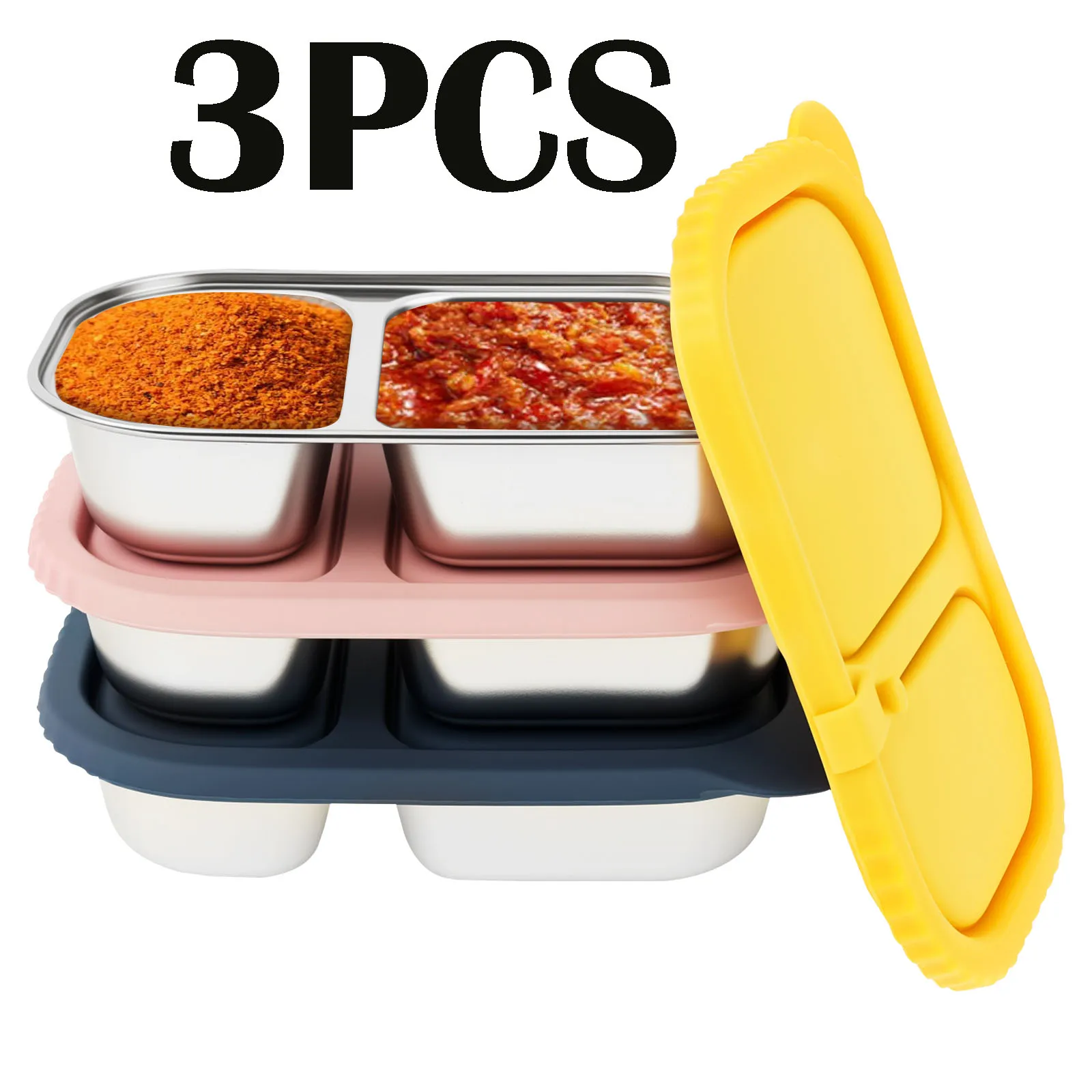 

3Pcs Stainless Steel Snack Container 420 ml Stackable 2 Compartment Sauce Box with Silicone Lid Portable Condiment Box