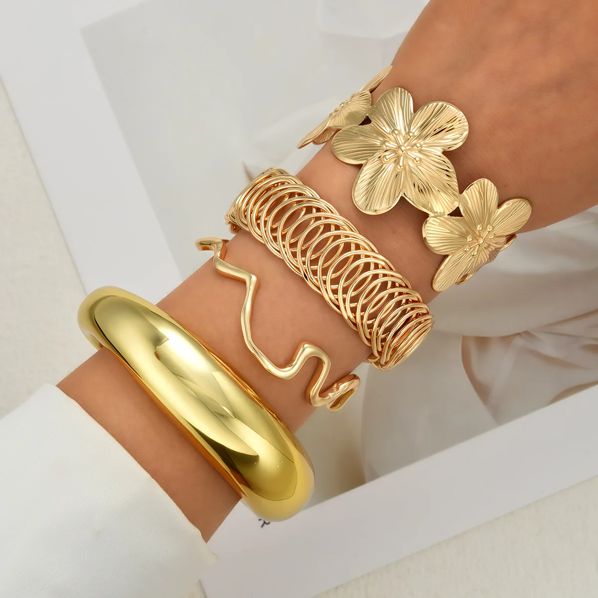 Stackable Vintage Chain and Open Cuff Bangle Mix Style Layered Wrist Bracelet Collection for Women Daily