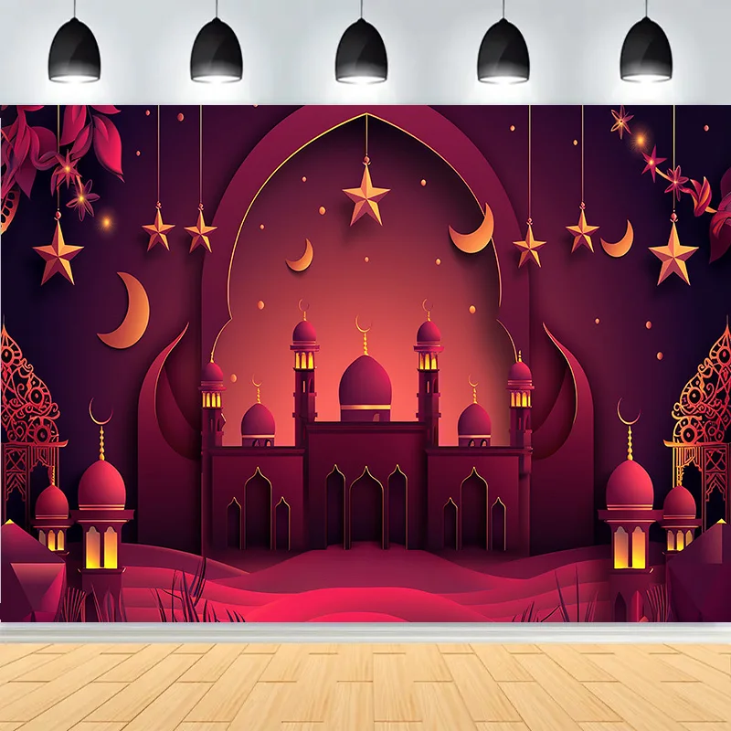 

Ramadan Celebration Shiny Golden Crescent Moon Lanterns Background Arabic Islamic Mosque Palace Photography Backdrops MO-08