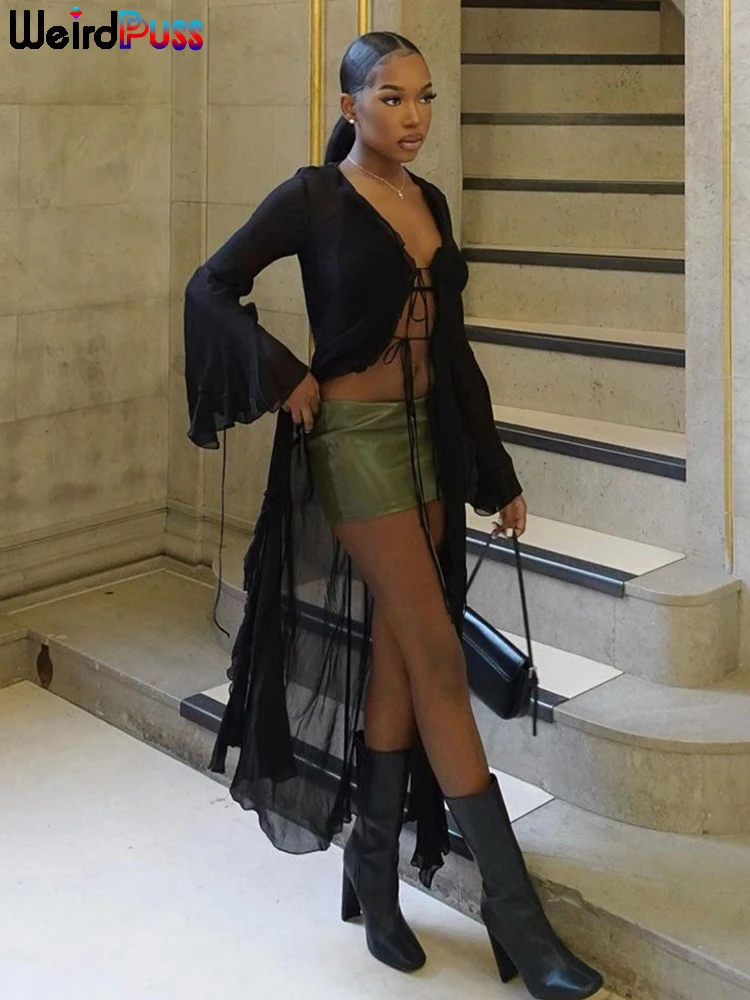 Nibber Solid Dress Women Ruffles Lace Up Summer Trend Sheer Long Sleeve Deep v-Neck Streetwear Y2K Cardigan Bodycon Clubwear