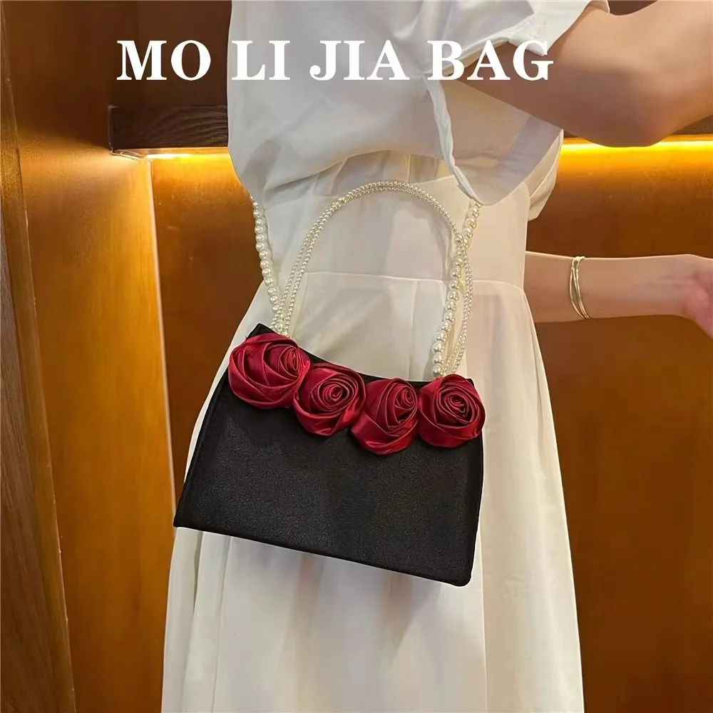 Torebka damska Satin Rose Floral Handmade Square Bag Fashion Pear Beading Evening Bag Wedding Party Clutch Purse Crossbody Bag