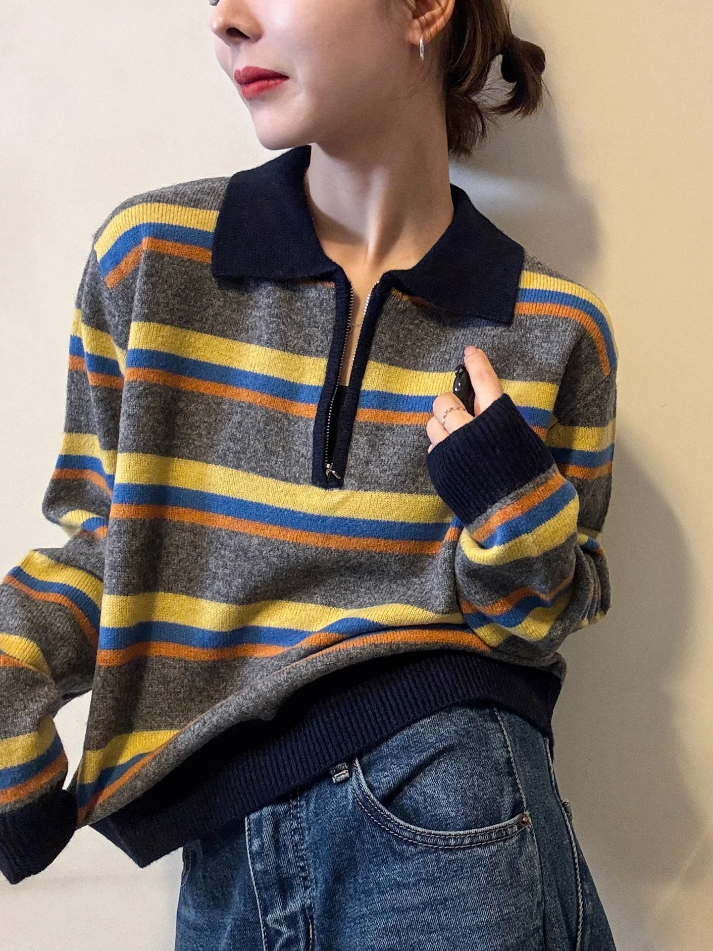 

Вязаный свитер в полоску с цветными вставками, простой и уникальный, женский, для осени и зимы, повседневный топ