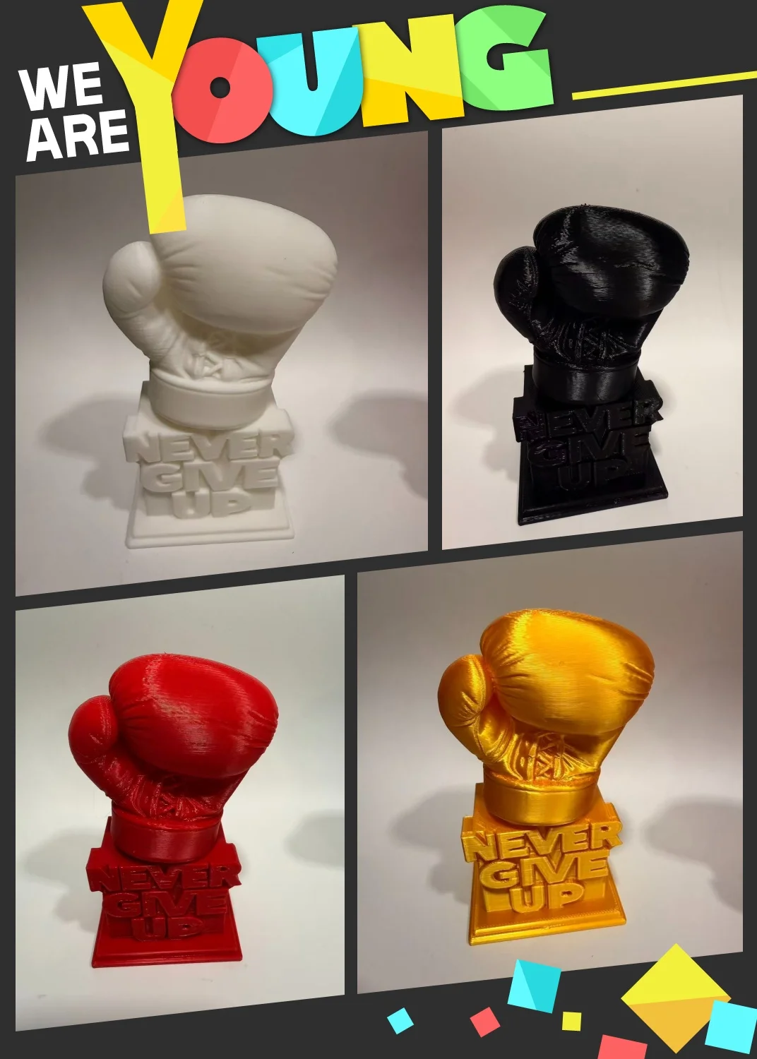 3D-Gedruckte Boxhandschuh-Statue 'NIE GEBNEN DURCH' Motivierendes Schreibtisch-Ornament in 4 Farben Sportfigur für Zuhause, Büro, Fitness-Studio Geschenk für Boxer