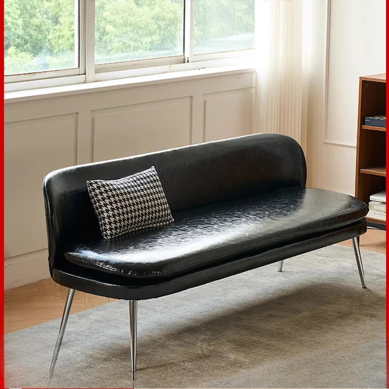 

Simple and very narrow version black sofa small apartment clothing store leather art