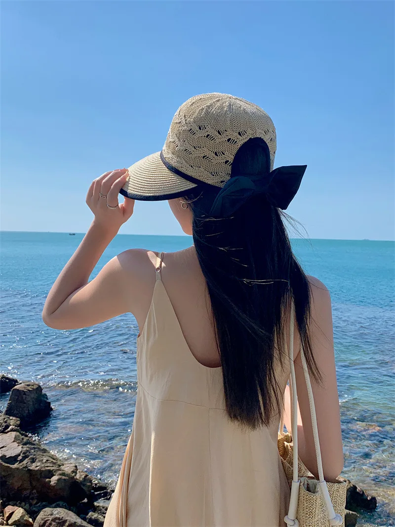 Women Ponytail Straw Sun Hat Wide Brim Visor Summer Adjustable Cap Sun Beach Foldable Hats
