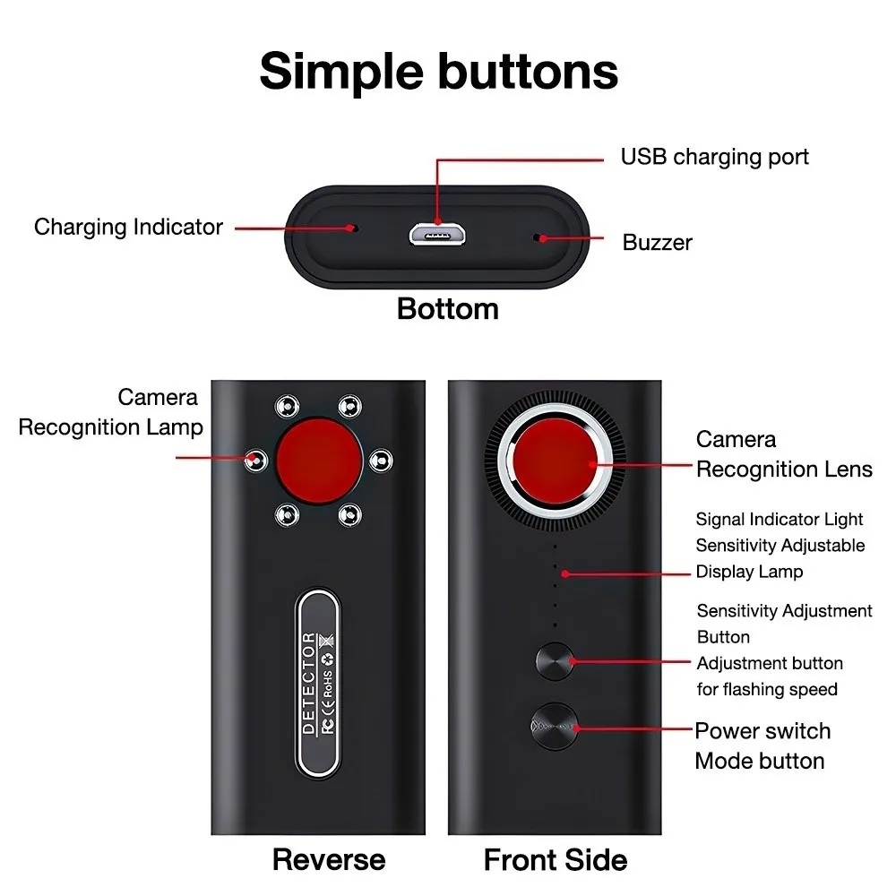 Portable​ Camera Detector​ ​Sound & Light Alarm​ ​Infrared Detection​ ​Anti- Detector​ ​RF Signal Scanning