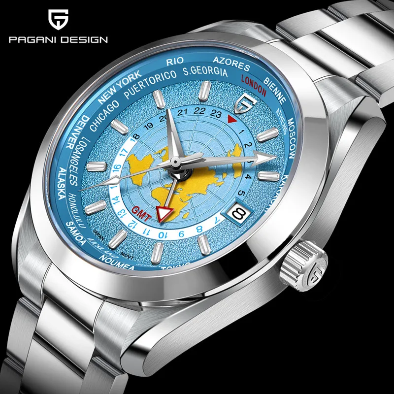 

PAGANI DESIGN Mens Watches 2024 New Sapphire Mirror Stainless Steel NH34 Movt Mechanical Wristwatch Multi-time Zone Watreproof