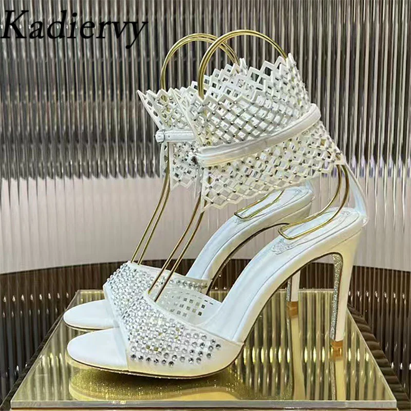 

Summer High Heels Sandals Woman Hollow Out Rhinestone Runway Party Shoes Women Ankle Buckle Strap Thin Heels Sandals Women