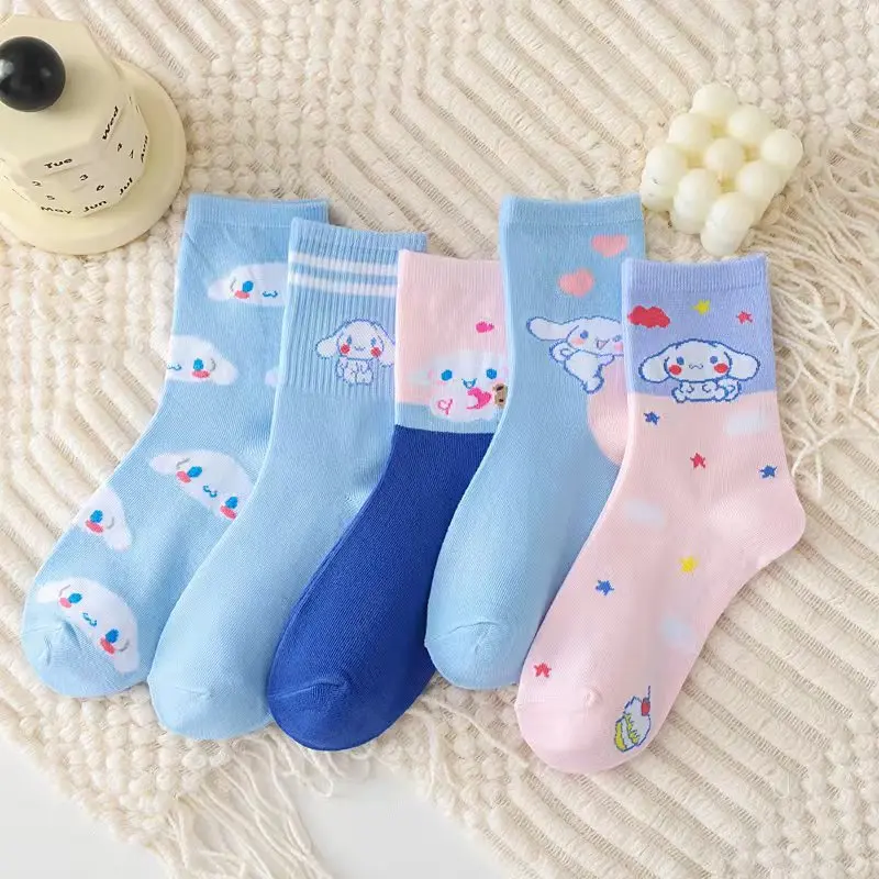 5/10pcs Hello Kitty Women's Mid-calf Socks Cartoon Kuromi Combed Cotton Socks Sweat Absorbent Average Size for 18-40 years