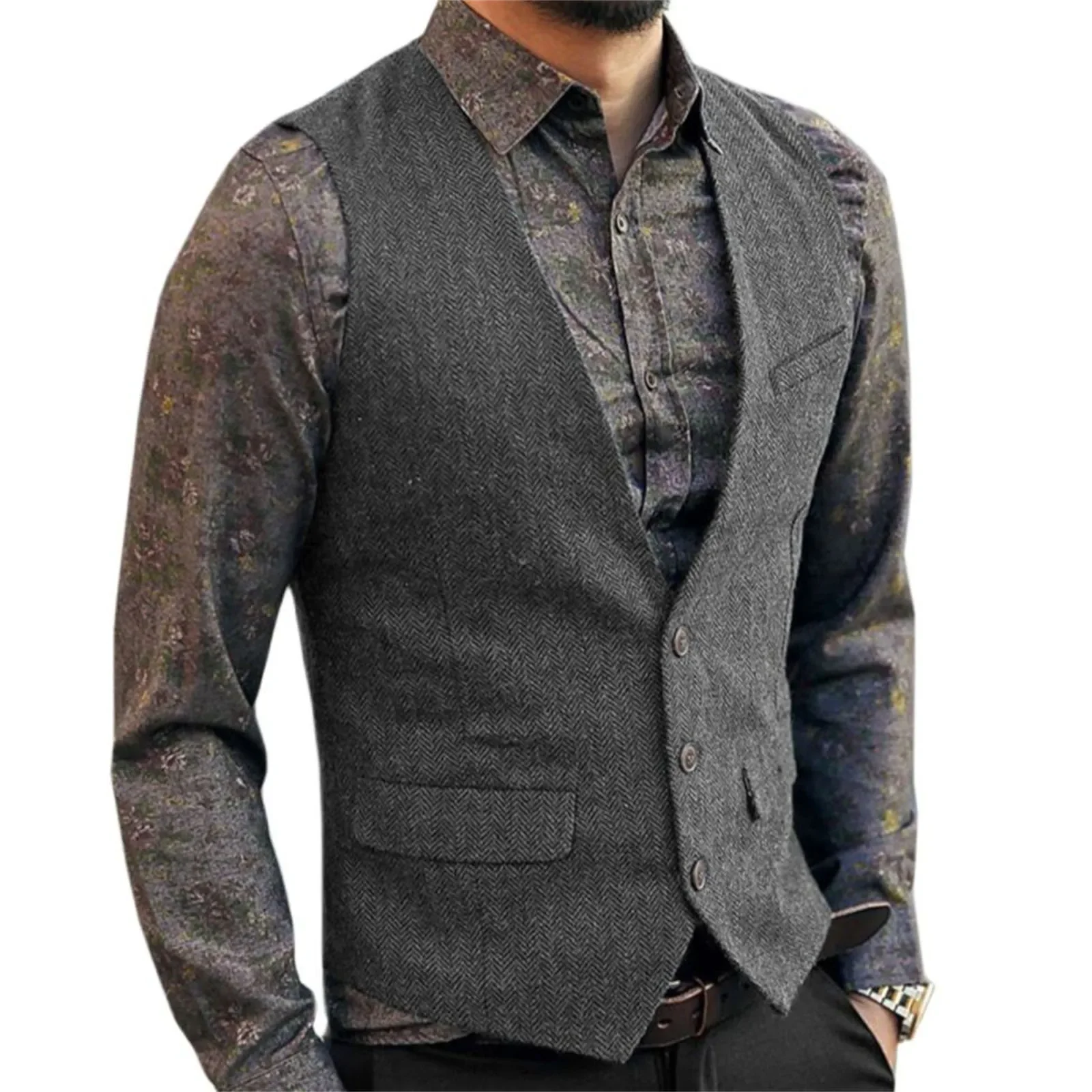 Men Herringbone Tweed Suit Vest Single Breasted Slim Fit Waistcoat Males Plus Size Groom Wear Groomsman Vest Customized