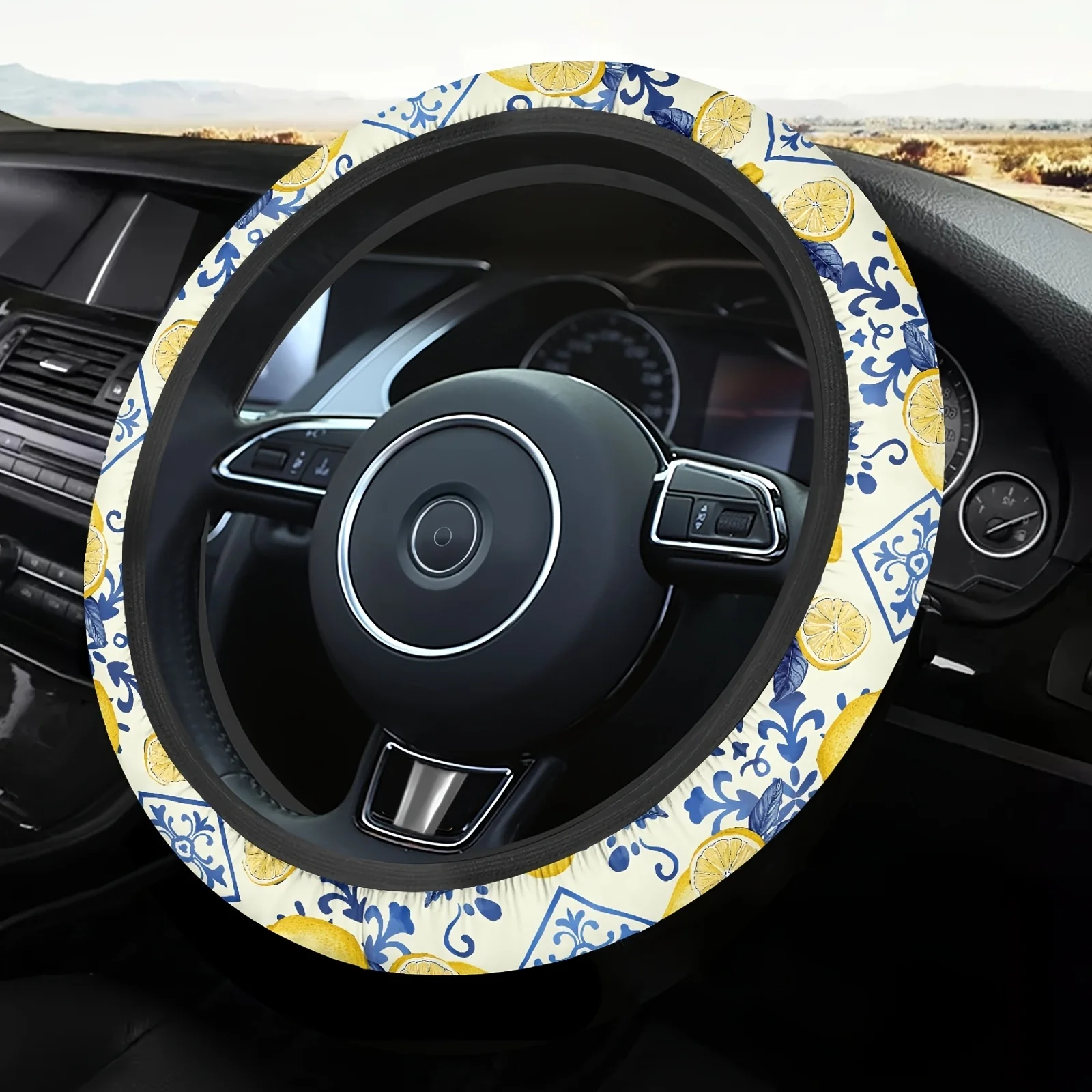 1pc Mediterranean Blue Tile & Lemon Print Steering Wheel Cover - Elegant Floral & Citrus Design For Car Interiors, Perfect For C
